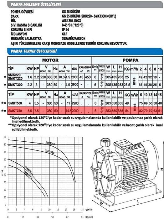 Sumak SMKT750-S Sıcak Su Çift Kademeli Santrifüj Pompa