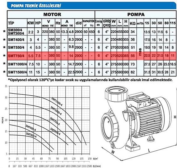 Sumak SMT750/4-S Sıcak Su Santrifüj Pompa