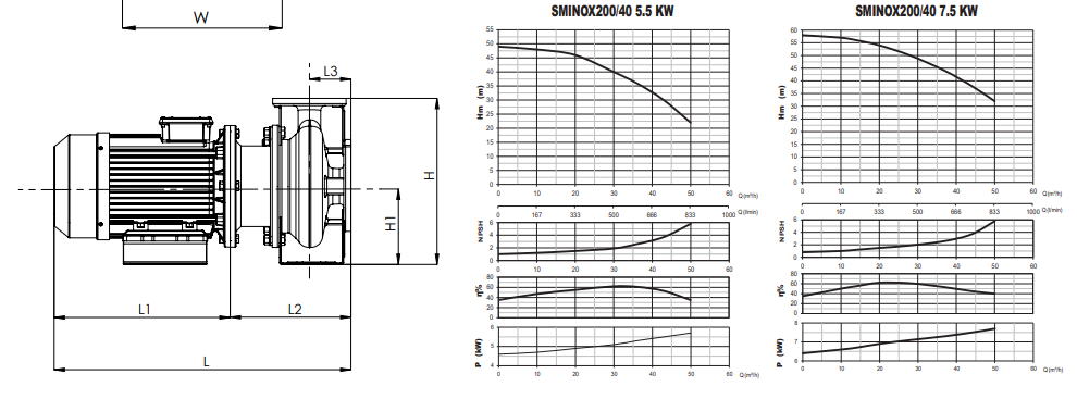 Sumak SMINOX 200/40 7.5Hp Rijit Kaplinli Paslanmaz Santrifüj Pompa Eğri ve Ölçüleri